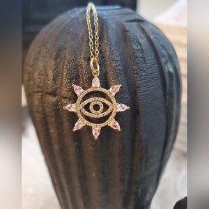 💖Clear & Pink Crystal Evil Eye Pendant Necklace on Gold Chain